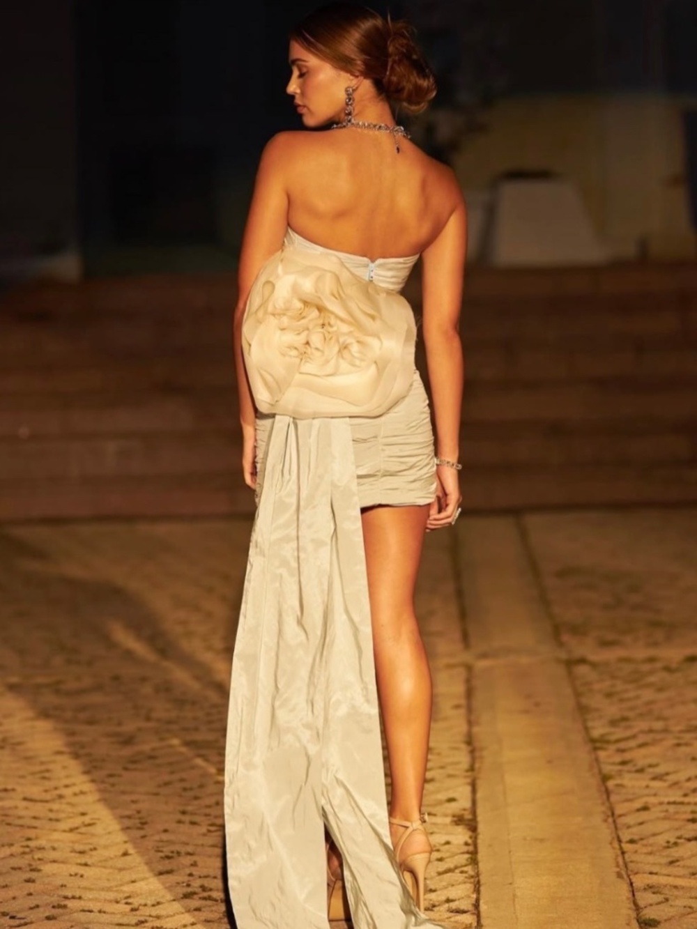 Rosette Mini Ruched Mini with Back Flower & Train